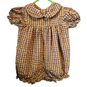 Vintage Girls Bubble Romper Seersucker Plaid Peter Pan Collar Size 12M